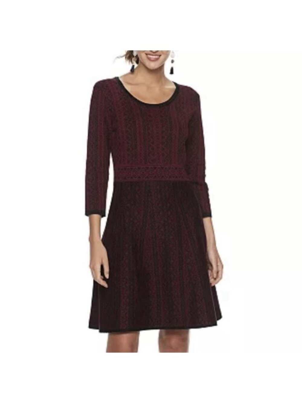 Nina Leonard Sweater Knit Dress Size Large Fit N' Flare Wine Red Black Jacquard